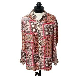 J McLaughlin Silk Bold Pattern Long Sleeve Collared Floral ButtonUp‎ Shirt Large